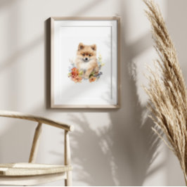 Pommern Puppy Pet Watercolor Flower Poster