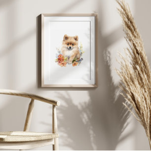 Pommern Puppy Pet Watercolor Flower Poster