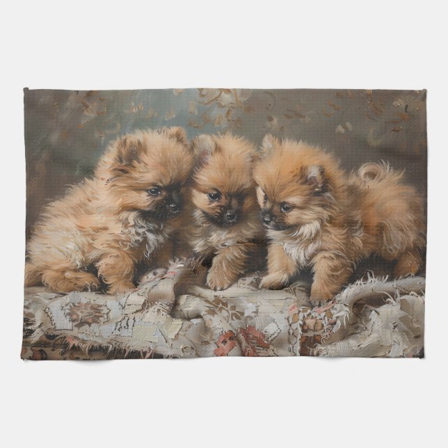 Pommern Puppy Trio-Vintagen Kökshandduk (Horisontell)
