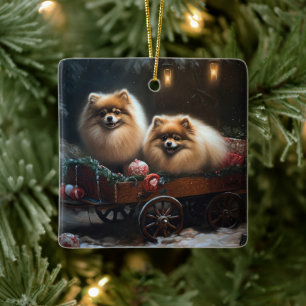 Pommern Snowy Sleigh-juldekretet Julgransprydnad Keramik