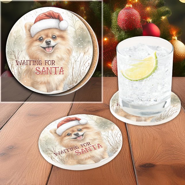 Pommern väntar på jultomtfärgstjuren underlägg (Personalize this Pomeranian Waiting For Santa Watercolor Christmas Coaster for dog loving friends.)