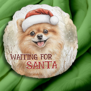 Pommern väntar på Santa Pom Hund Watercolor Rund Kudde