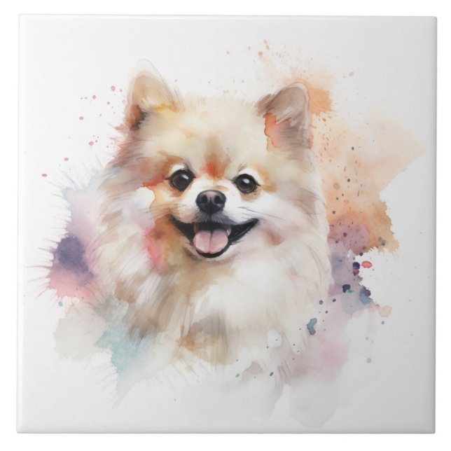 Pommern Watercolor Hund Kakelplatta (Framsidan)