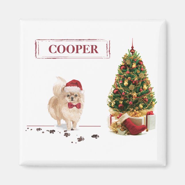Pommerns fina jul-Hund med Träd Magnet (Framsidan)