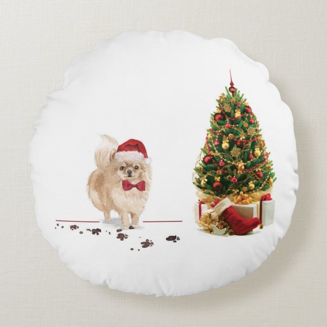 Pommerns fina jul-Hund med Träd Rund Kudde (Framsidan)