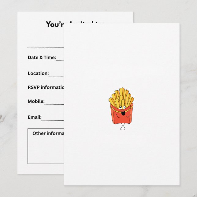 Pommes frites, chips, hetet potet-tema inbjudningar (Fram/baksida)