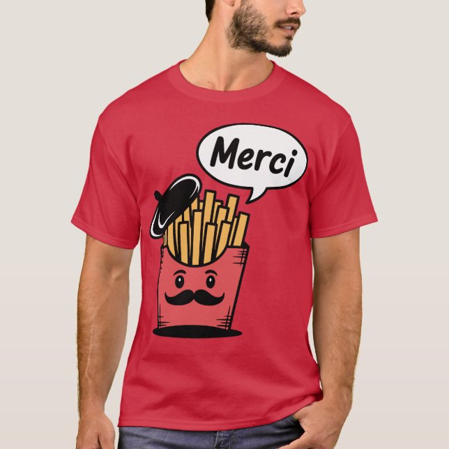 Pommes Frites som säger Merci T Shirt (Framsida)