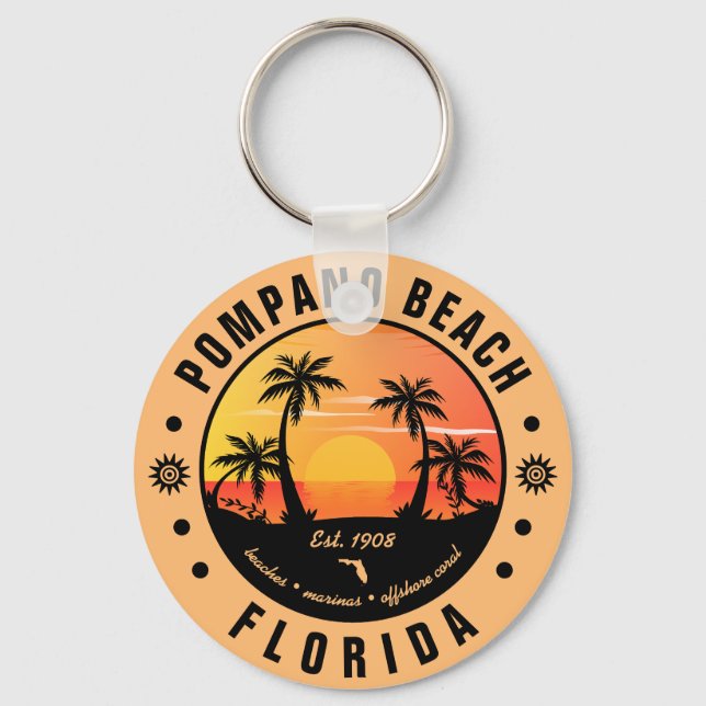Pompano Beach Florida Retro Sunset Souvenir 80s Nyckelring (Framsida)