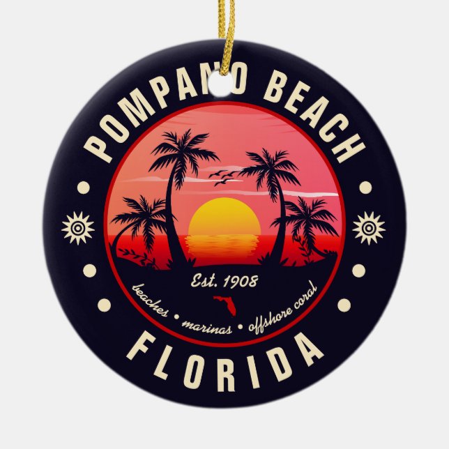 Pompano Beach Florida Retro Sunset Souvenir Julgransprydnad Keramik (Framsidan)