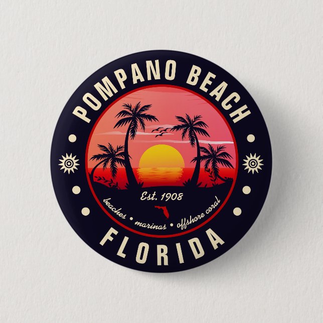 Pompano Beach Florida Retro Sunset Souvenir Knapp (Framsida)