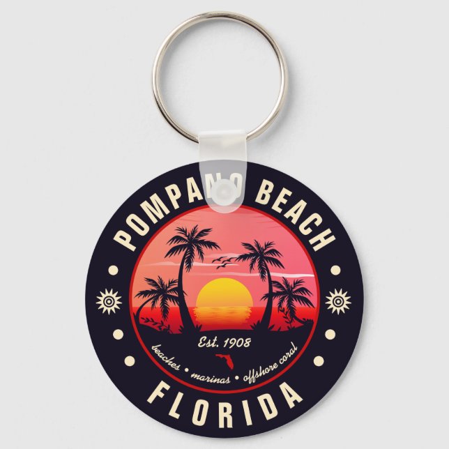 Pompano Beach Florida Retro Sunset Souvenir Nyckelring (Framsida)