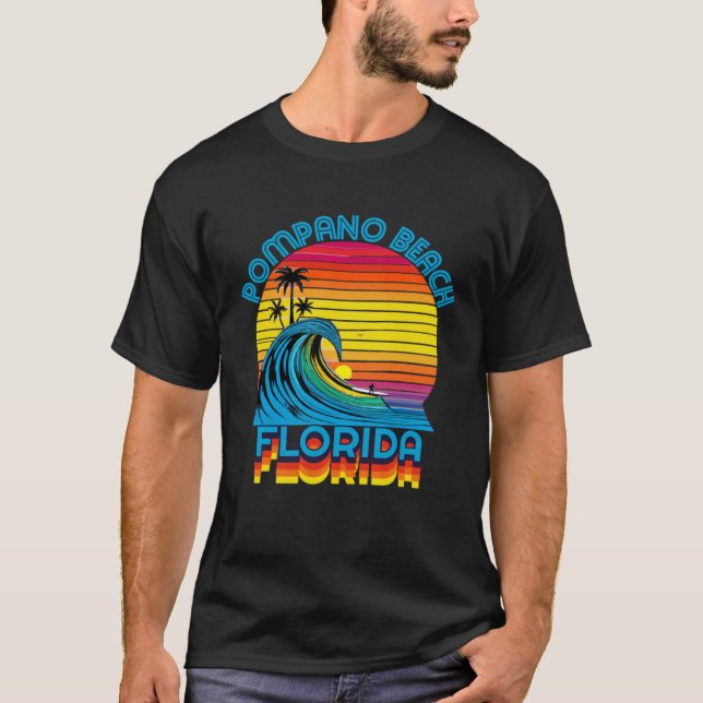Pompano Beach Florida Retro Throwback Surf & Beach T Shirt (Framsida)