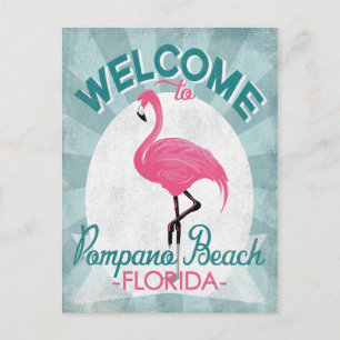 Pompano Beach Florida Rosa Flamingo Retro Vykort