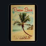 Pompano Beach Handflatan Träd Vintage resor Magnet<br><div class="desc">Ett unikt,  halvsekelmodernt Pompano Beach Florida-konstverk i vintage resor poster stil. Den har en böjd handflatan träd på sandstranden med hav under ett blått grumligt himlar.</div>
