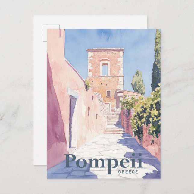 Pompeii Greece Watercolor Painting Travel Vykort (Fram/baksida)