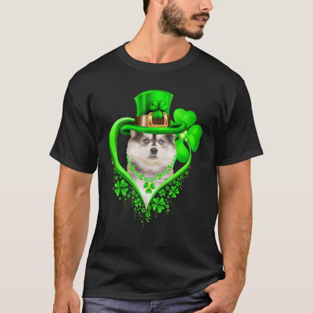 Pomsky Dog St Patricks Day Lover Irish Shamrock T Shirt (Framsida)