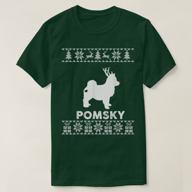 Pomsky Hund älskare jul Reindeer Ugly jul T Shirt (Design framsida)
