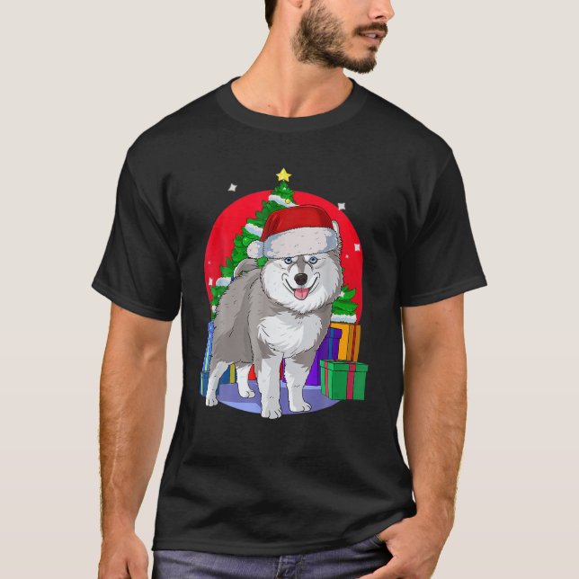 Pomsky Hund Santa Julgran Decor T Shirt (Framsida)