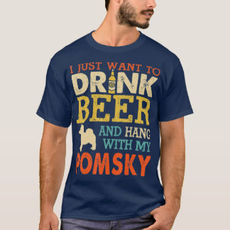 Pomsky Pappa Drink Beer Håll ut med Hund Funny Man T Shirt