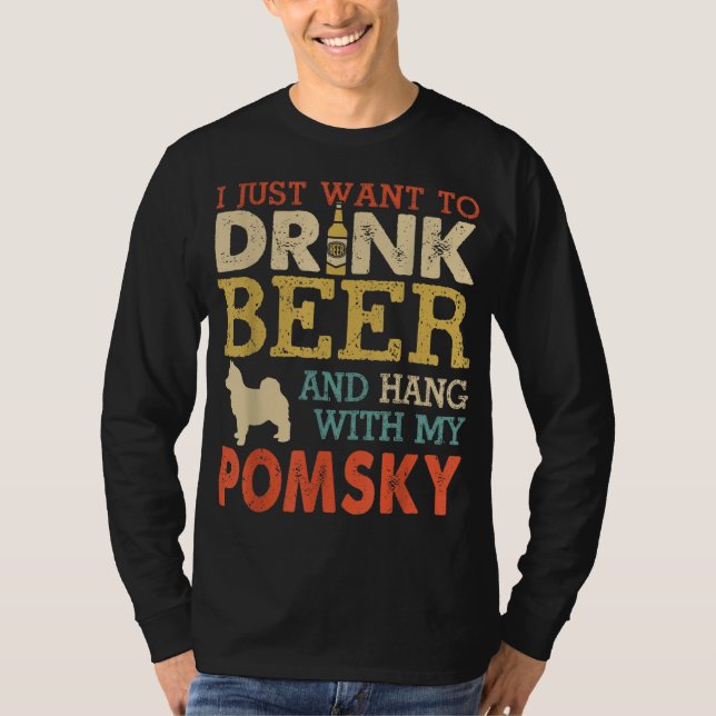 Pomsky Pappa Drink Beer Häng med Hund Funny Manar  T Shirt (Framsida)
