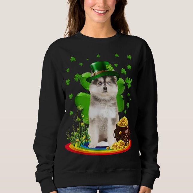 Pomsky St patricks day Älskare Irish Shamrock Hund T Shirt (Framsida)