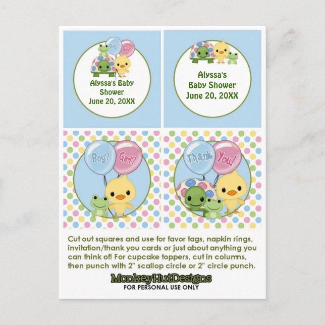Pond Pals Anka Baby Shower Cupaka Topper Neutralt Inbjudan Vykort (Framsida)