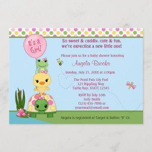 Pond Pals Baby Shower-inbjudan Anka Frog GIRLS Inbjudningar