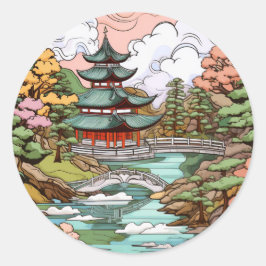 Pond Refltions: Temple and Bridge Art Runt Klistermärke