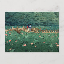 Pond vid Benton Shrine Kawase Hasui