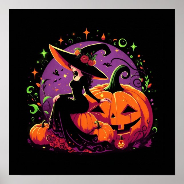 Pondering Witch Sitta på en Pumpkin Poster (Framsidan)