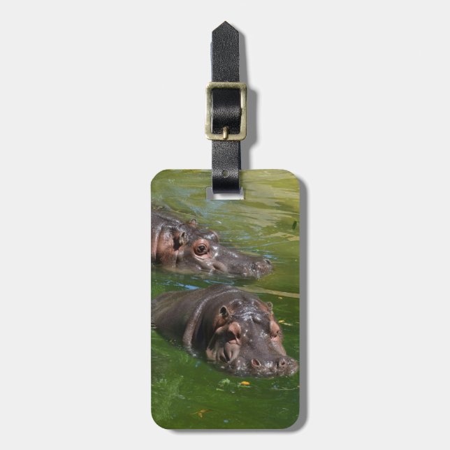 **"Pondside Play: Two Hippos Swimming Together"** Bagagebricka (Vertikal Framsida)