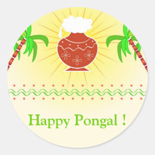 Pongal kruka och sugarcane runt klistermärke