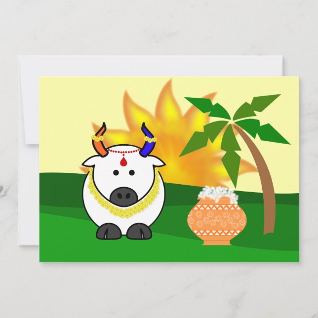 Pongal Pot-, Cow- och Träd-inbjudan Inbjudningar (Baksida)