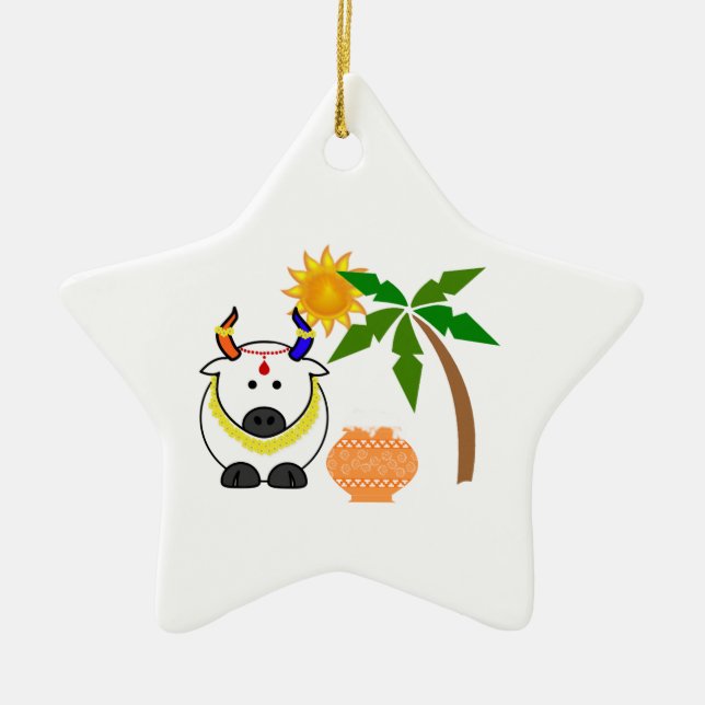 Pongal Pot, Cow och Träd Julgransprydnad Keramik (Framsidan)