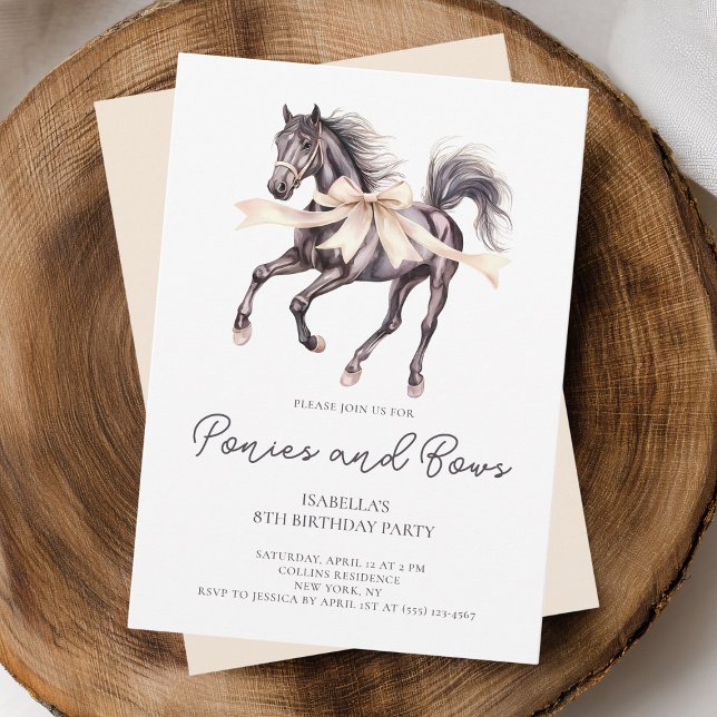 Ponies and Bows Black Horse 8th Födelsedagsfest Inbjudningar (Ponies and Bows Black Horse 8th Birthday Party Invitation)