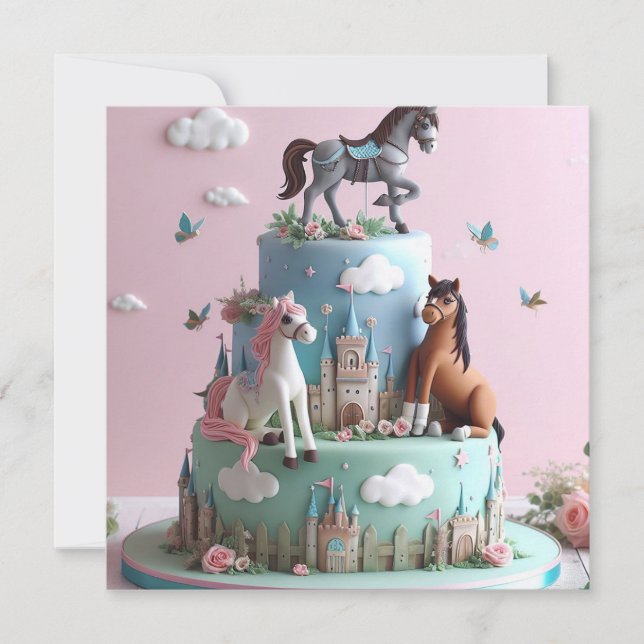 PONIES & CASTLES CAKE BARNS FÖDELSEDAG INBJUDNINGAR (Framsida)