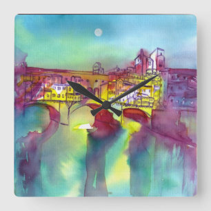 PONTE VECCHIO Florence by Night Watercolor Fyrkantig Klocka
