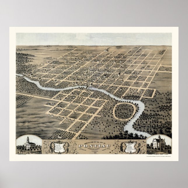 Pontiac, IL Panoramic Karta - 1869 Poster (Framsidan)