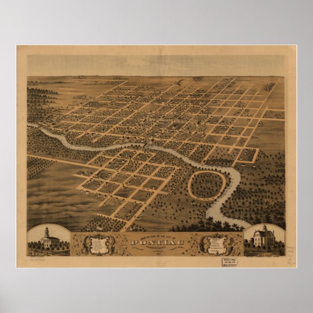 Pontiac Illinois 1869 Antique Panoramic Karta Poster (Framsidan)