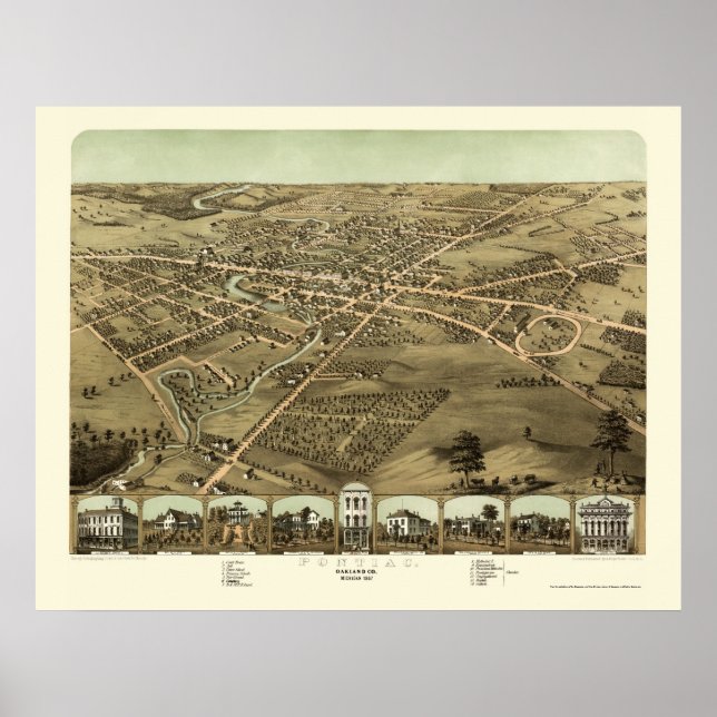 Pontiac, MI Panoramic Karta - 1867 Poster (Framsidan)