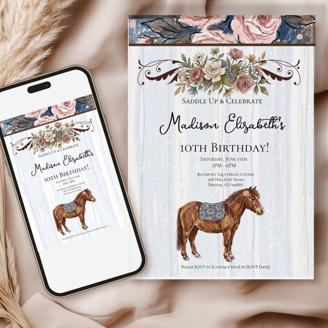 Pony Birthday  Inbjudningar ( This charming theme combines the elegance of French country décor with whimsical pony illustrations)