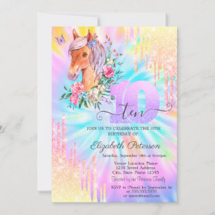 Pony Blommig Glitterdropp Tie Dye 10-årsdag Inbjudningar
