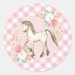 Pony blommiga och rutiga födelsedagsfest klistermä runt klistermärke