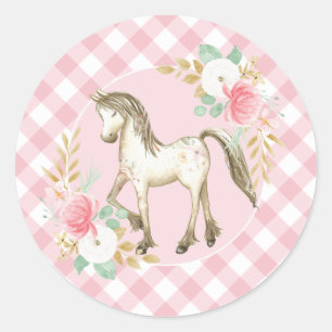 Pony blommiga och rutiga födelsedagsfest klistermä runt klistermärke