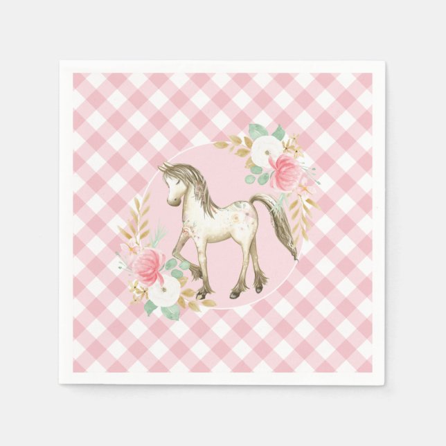 Pony blommigt och plaid Födelsedagsfest napkins Pappersservett (Framsidan)