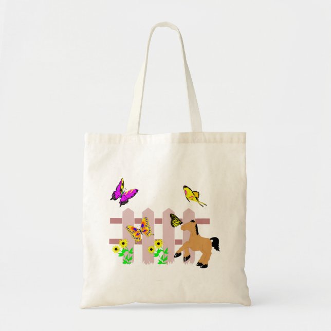Pony, Butterflies & Sunblommor Tote Bag Tygkasse (Framsidan)