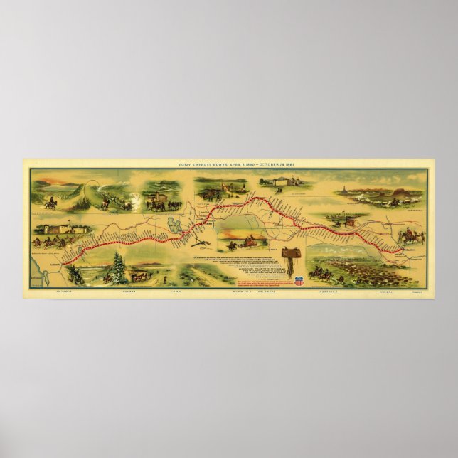 Pony Express Karta av William Henry Jackson 1861 Poster (Framsidan)