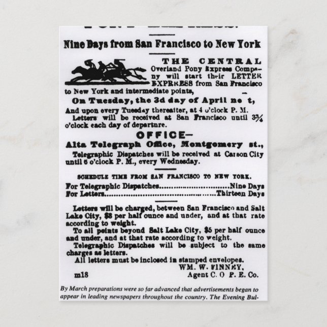 Pony Express, nio dagar Vykort (Framsida)