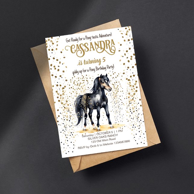 Pony födelsedagsfest black horse guld sprinkles inbjudningar (Pony horses birthday party editable template invitation digital download black horse gold sprinkles)