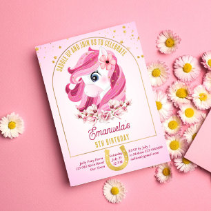 Pony födelsedagsfest-sadelhästar rosa och guld inbjudningar